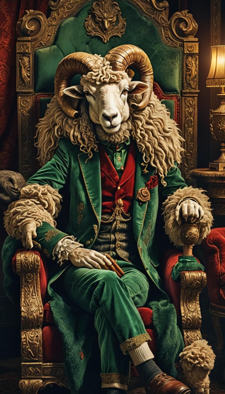 Humanoid Sheep Creature in Armchair, Fantasy Concept Art