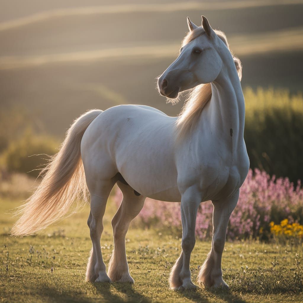 Majestic White Horse in Sunlit Meadow