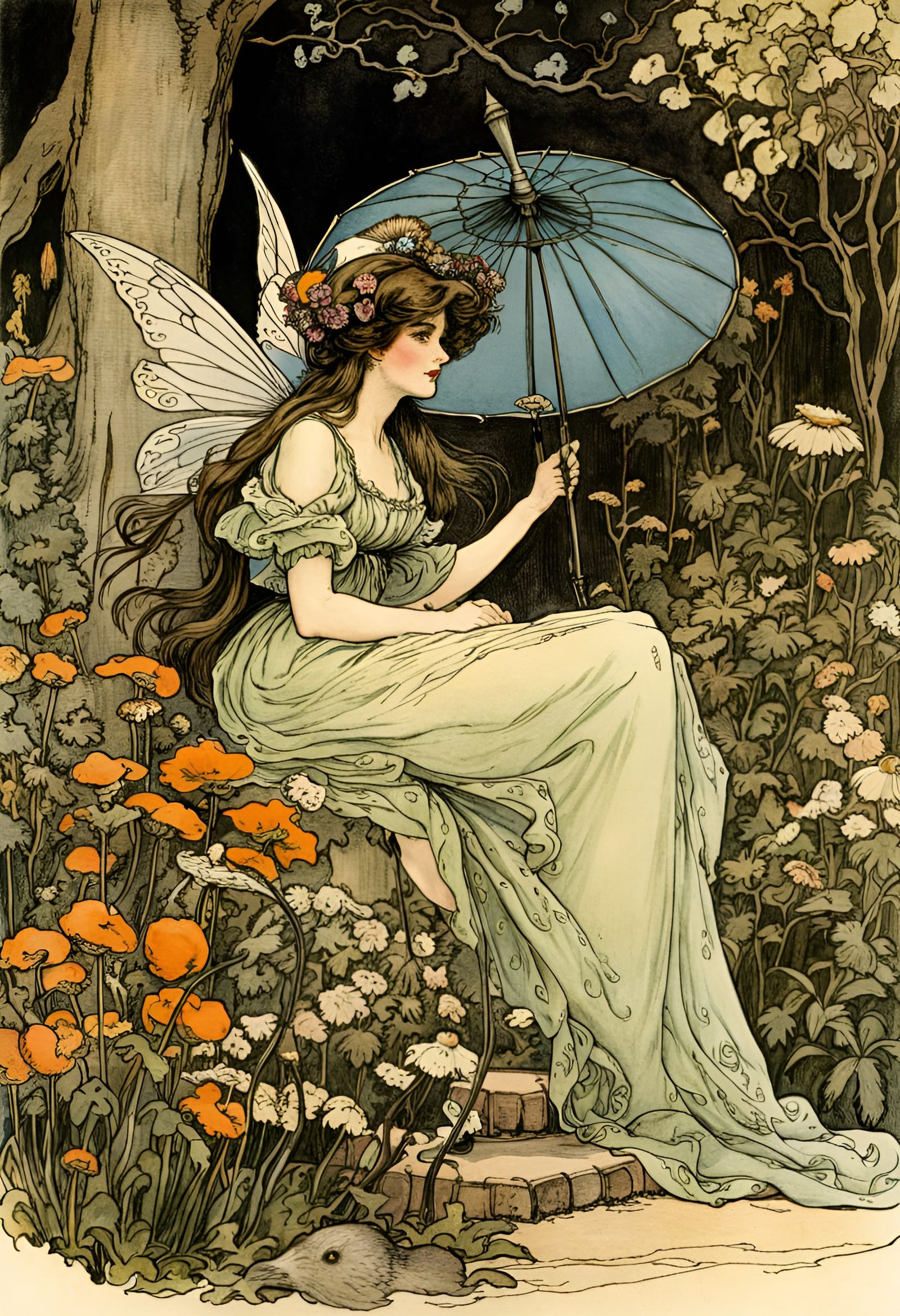 Fantasy faerie garden, by arthur rackham, art by charles dana gibson, detailed illustration, pen and ink, watercolor