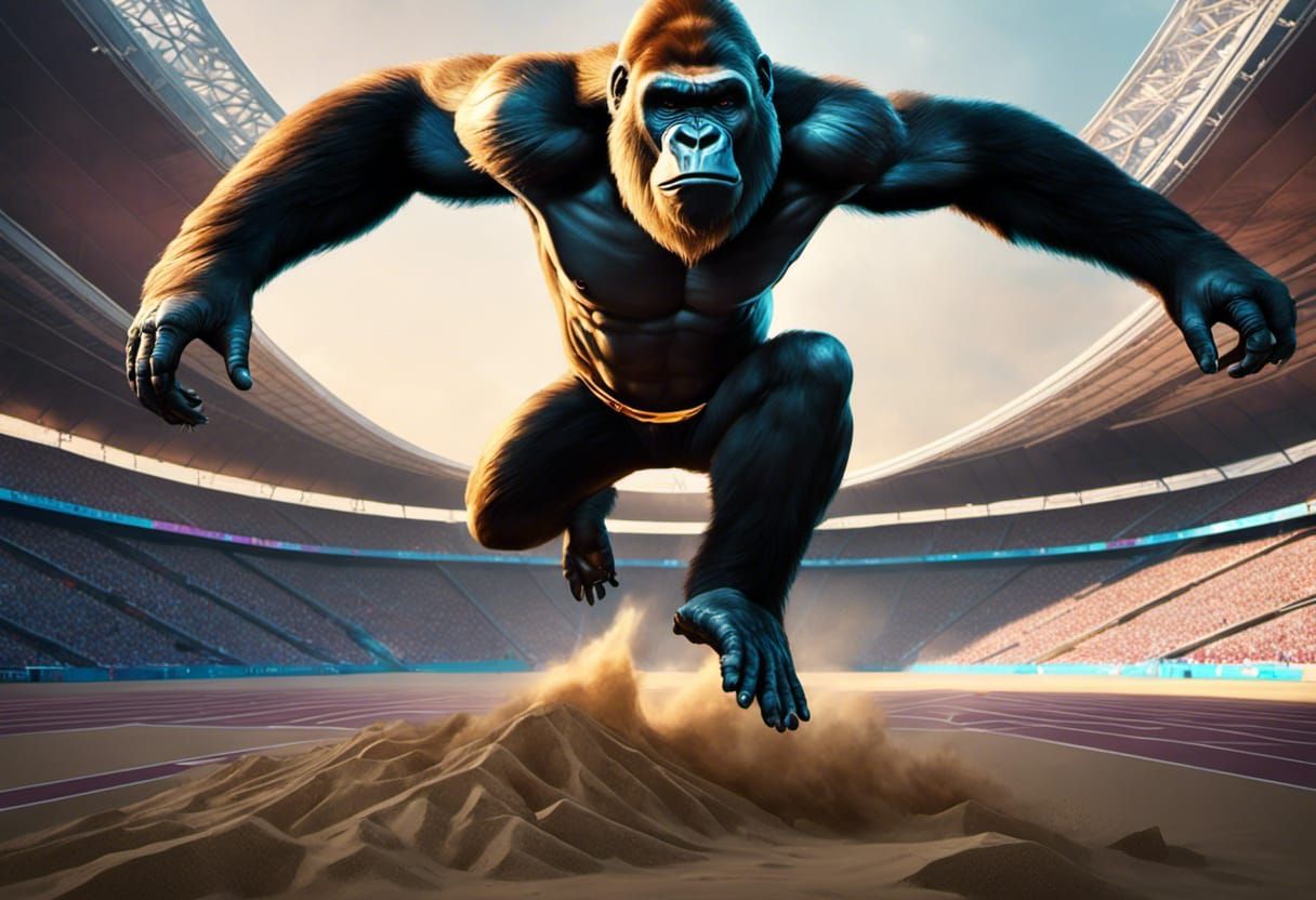 Gorilla taking part in a long jump competition