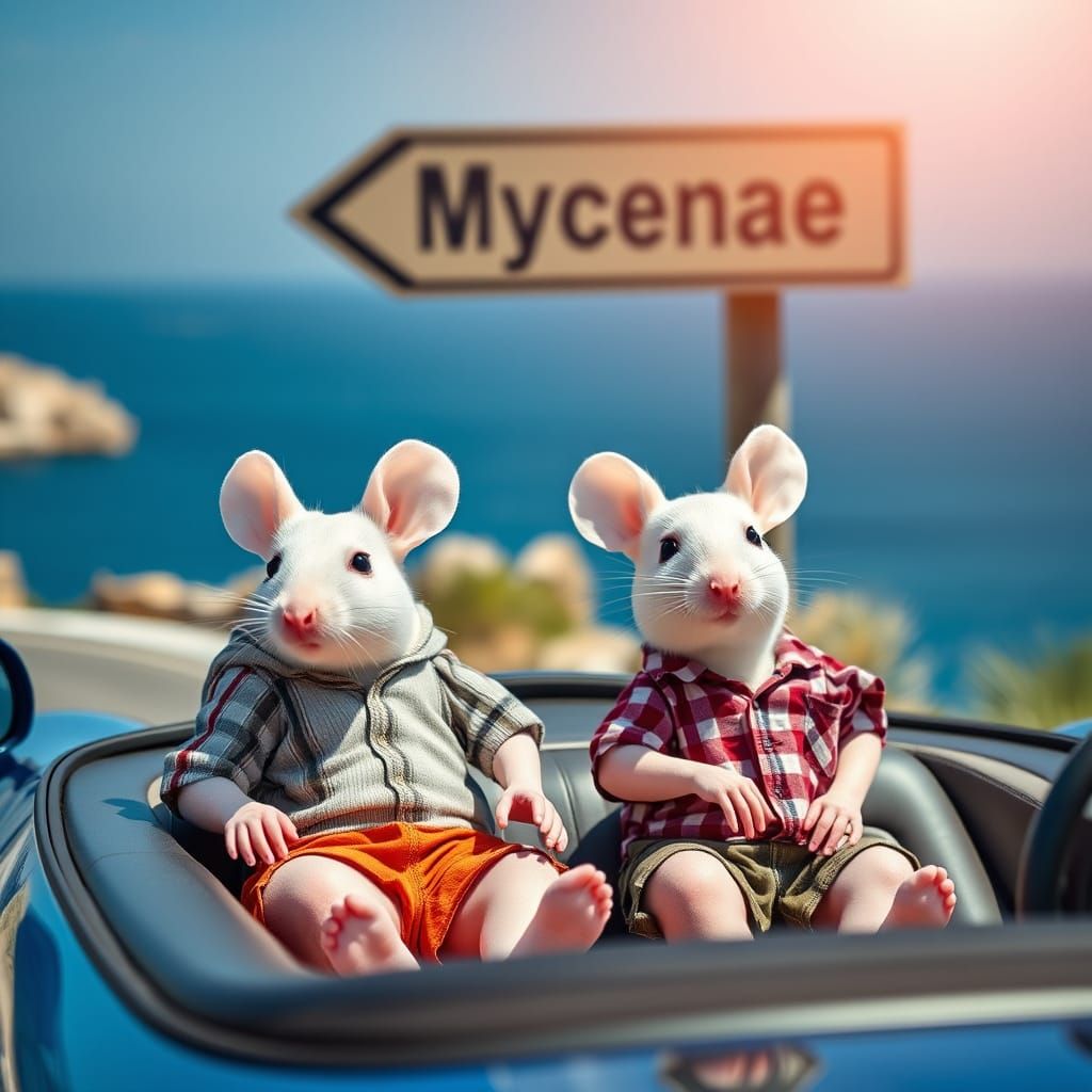 Mice in Sports Car on Coastal Road, Sunny Day