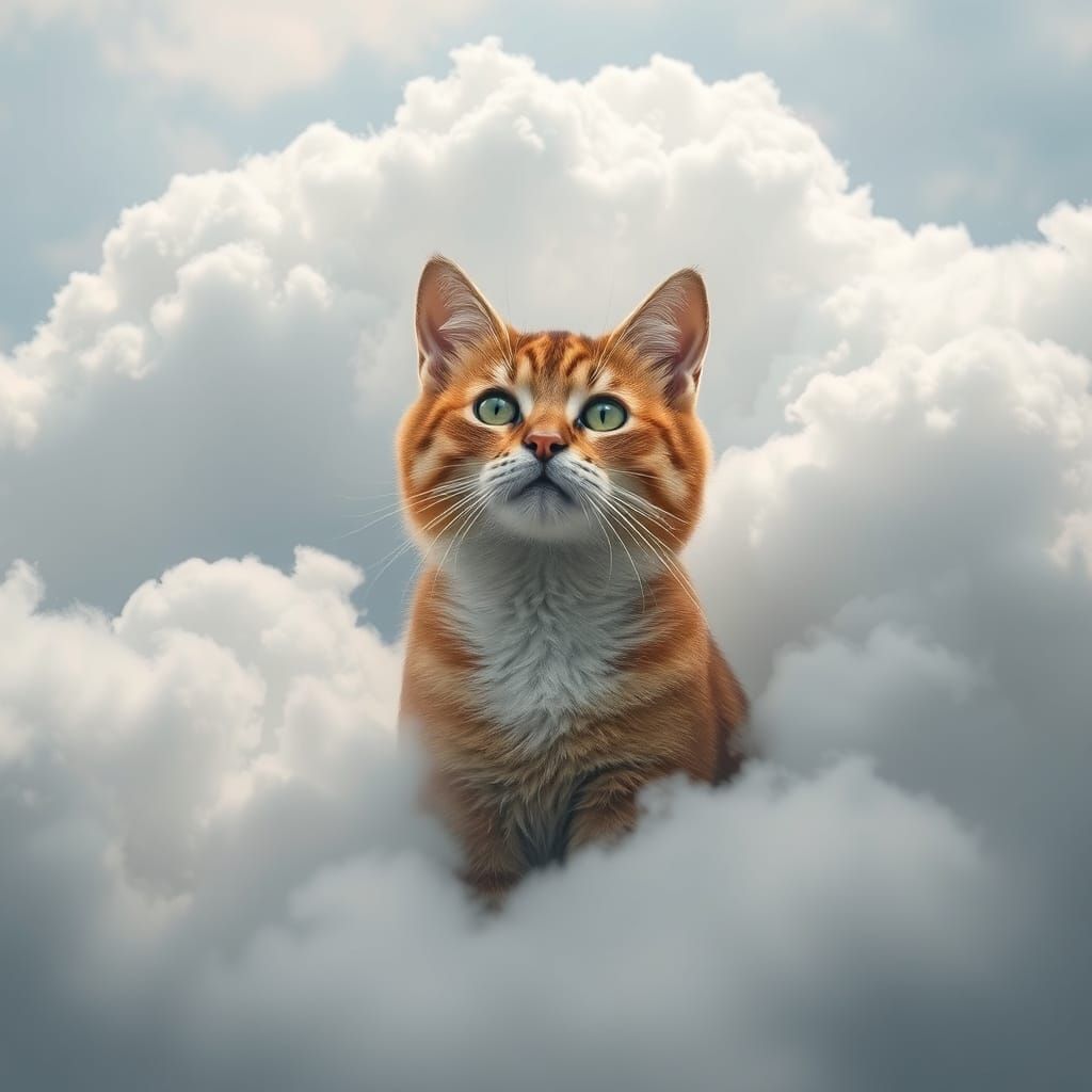 Whimsical Cat Floating Among Dreamy Clouds