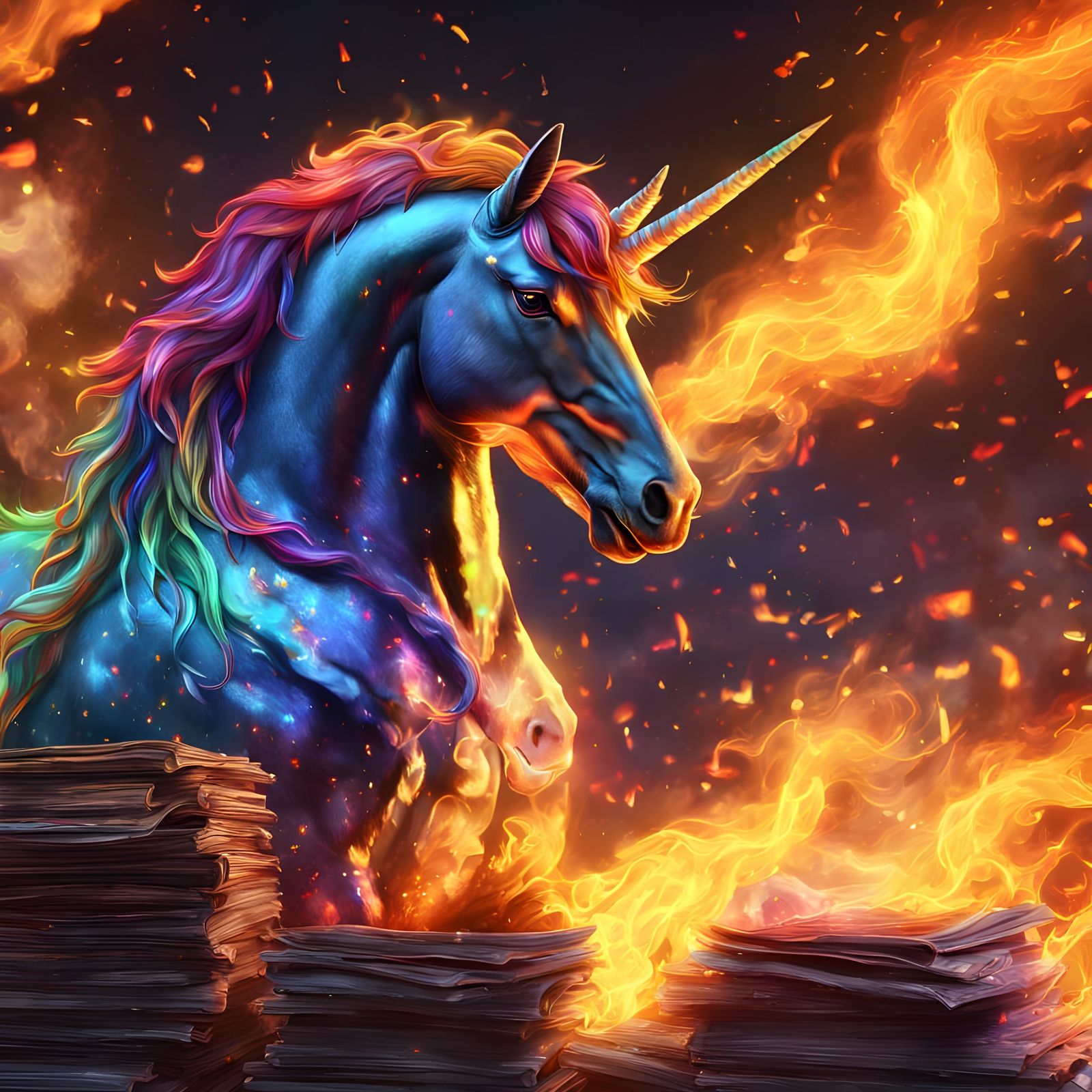 Rainbow Unicorn Before Burning Newspapers