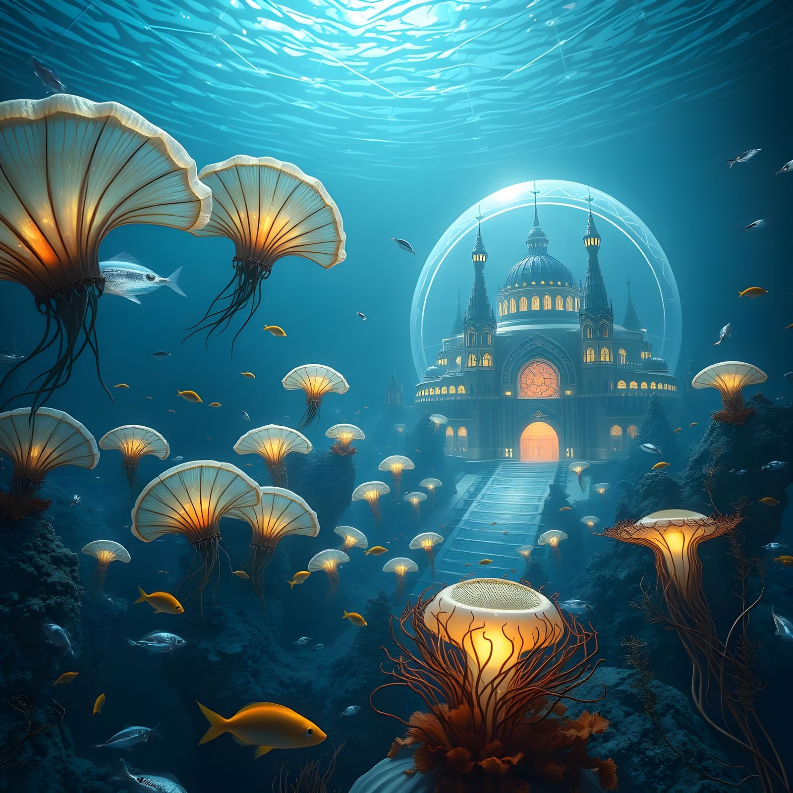 A futuristic, eco-friendly underwater cityscape, teeming with AI-driven energy harvesters disguised as undulating sea fa...