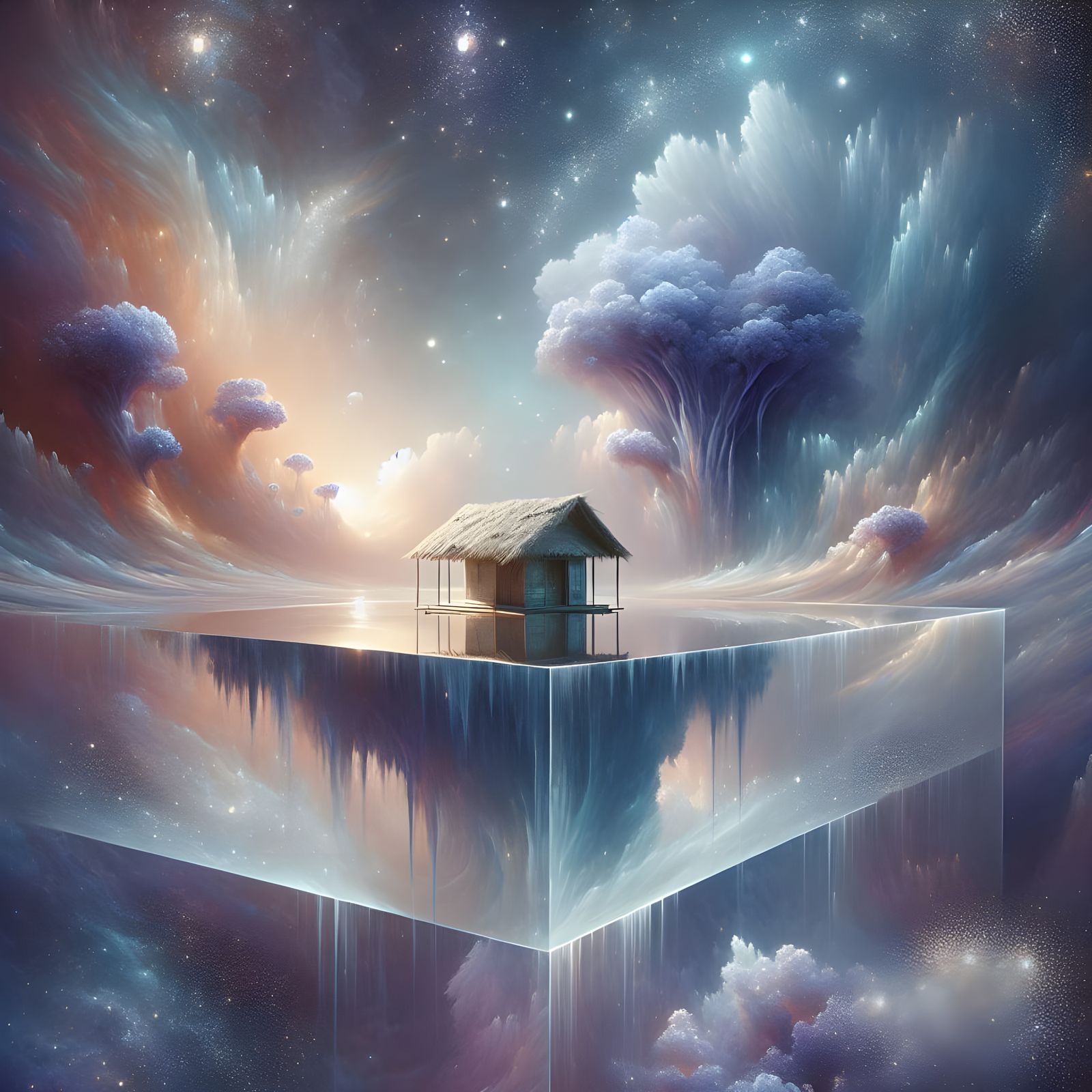 Ethereal Hut in Cosmic Romantic Landscape