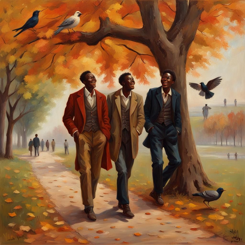 Vintage Oil Painting: Men in Autumn Park