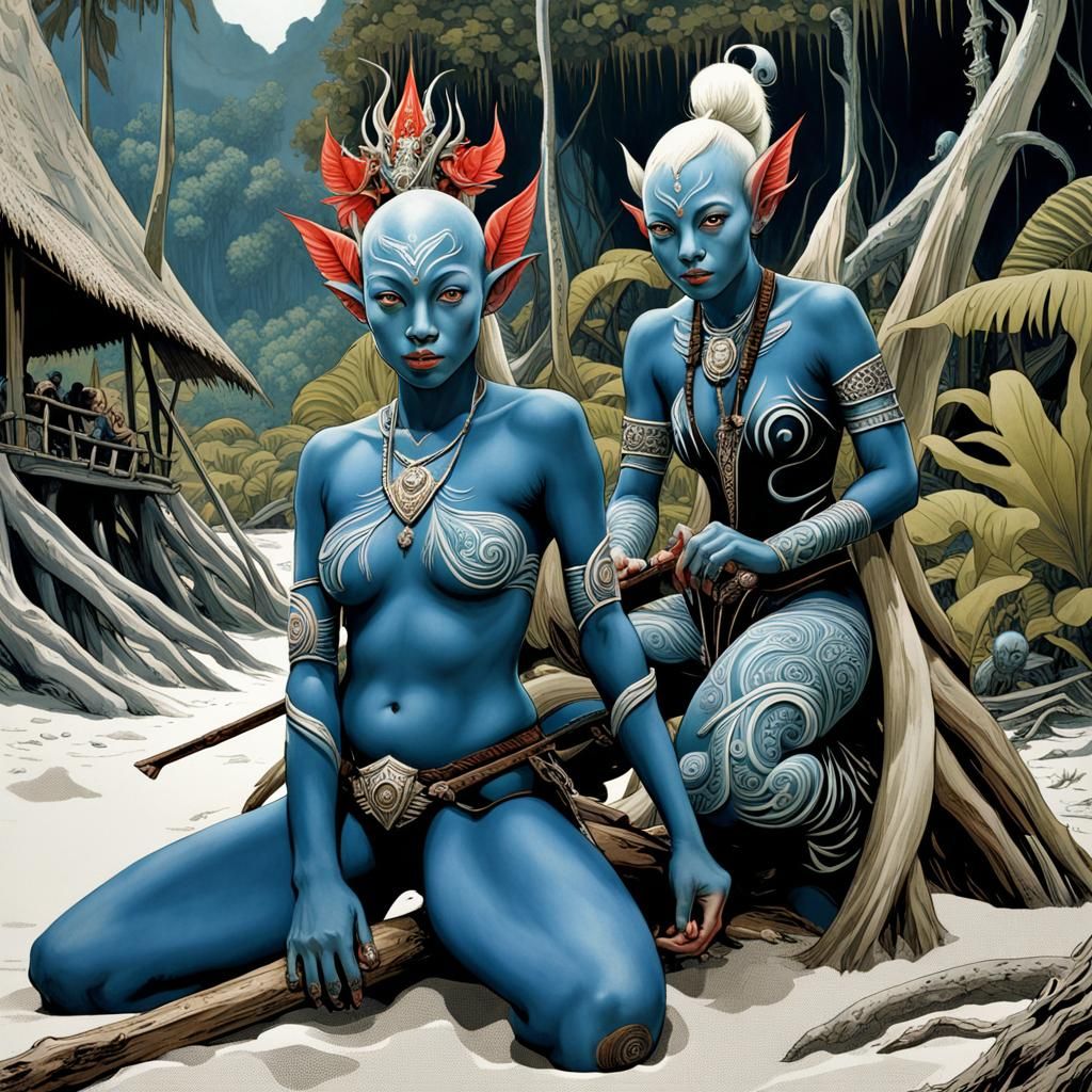 Elven Children Build Beach Fort with Carnivorous Plants