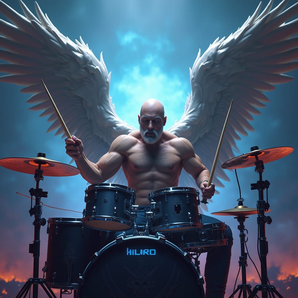 Ethereal Rockstar with Angelic Wings Plays the Drums
