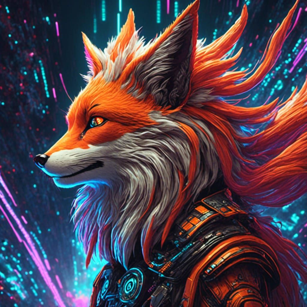 Nine-Tailed Werefox Concept Art in Cyberpunk Style