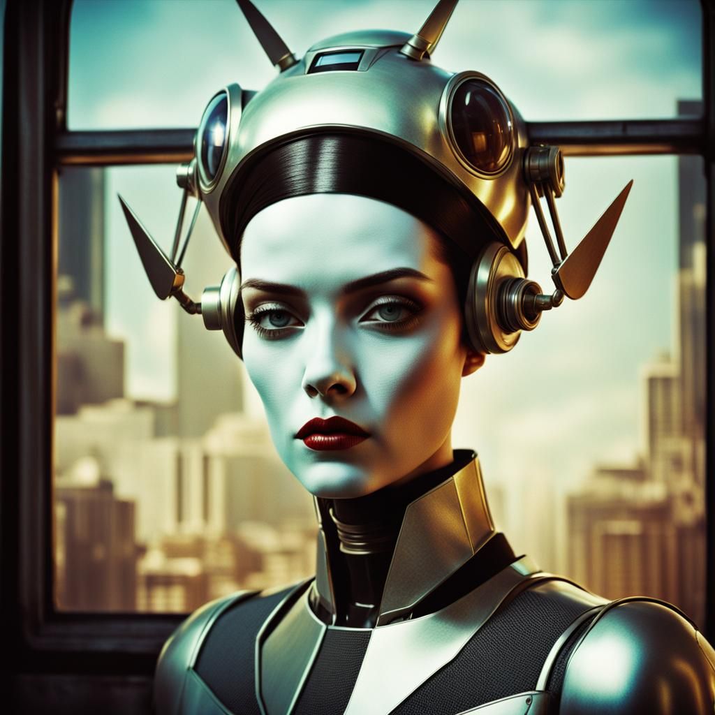 Futuristic Fisher Queen: Retro Polaroid Portrait