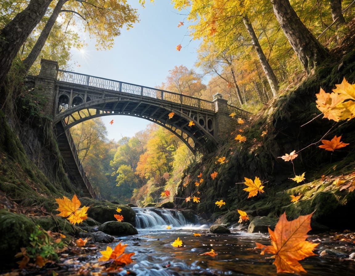 Victorian Steel Bridge in Sunny Autumn Ravine
