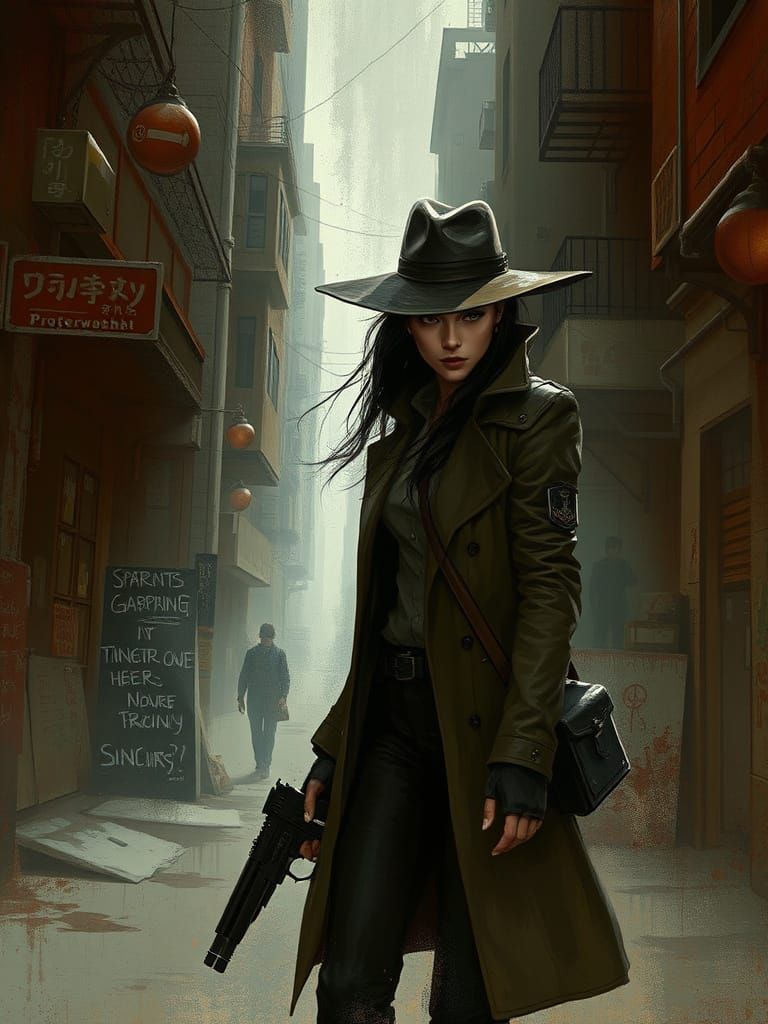 Sinister Female Detective in Gritty Cityscape