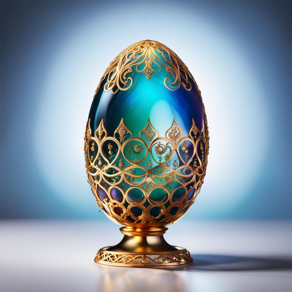 Ornate Glass Fabergé Egg with Gold Filigree