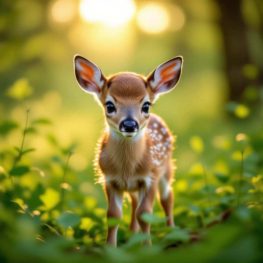 Cute Baby Deer in Sun-Dappled Forest Clearing