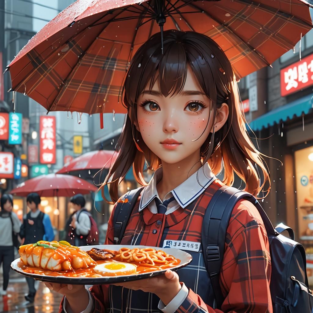 Korean Schoolgirl Eating Street Food: 3D Anime Art