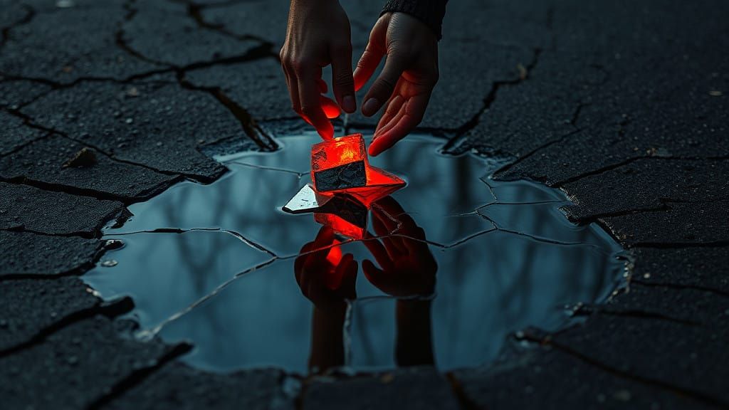 A Dark Surreal Reflection in a Broken Asphalt Puddle