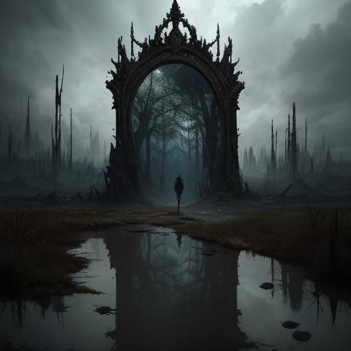 Ornate Mirror Reflects Lush Forest in Wasteland
