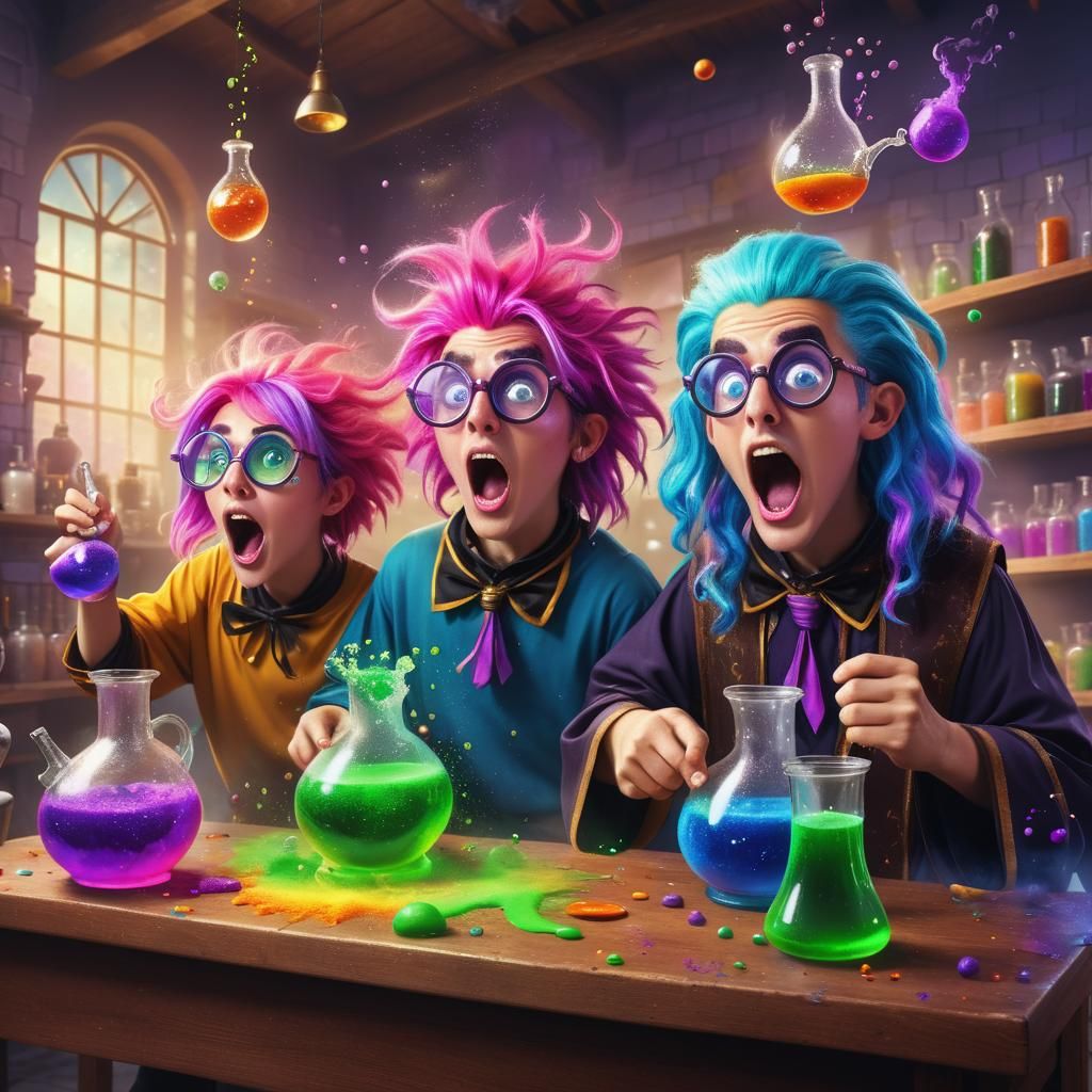 Young Wizards Brewing Potions in Neon Classroom
