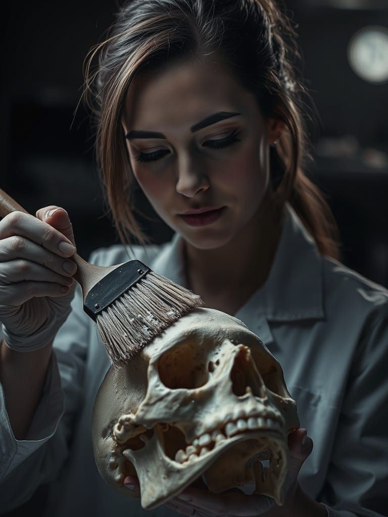 Forensic Scientist Examines Skull in Moody Lab
