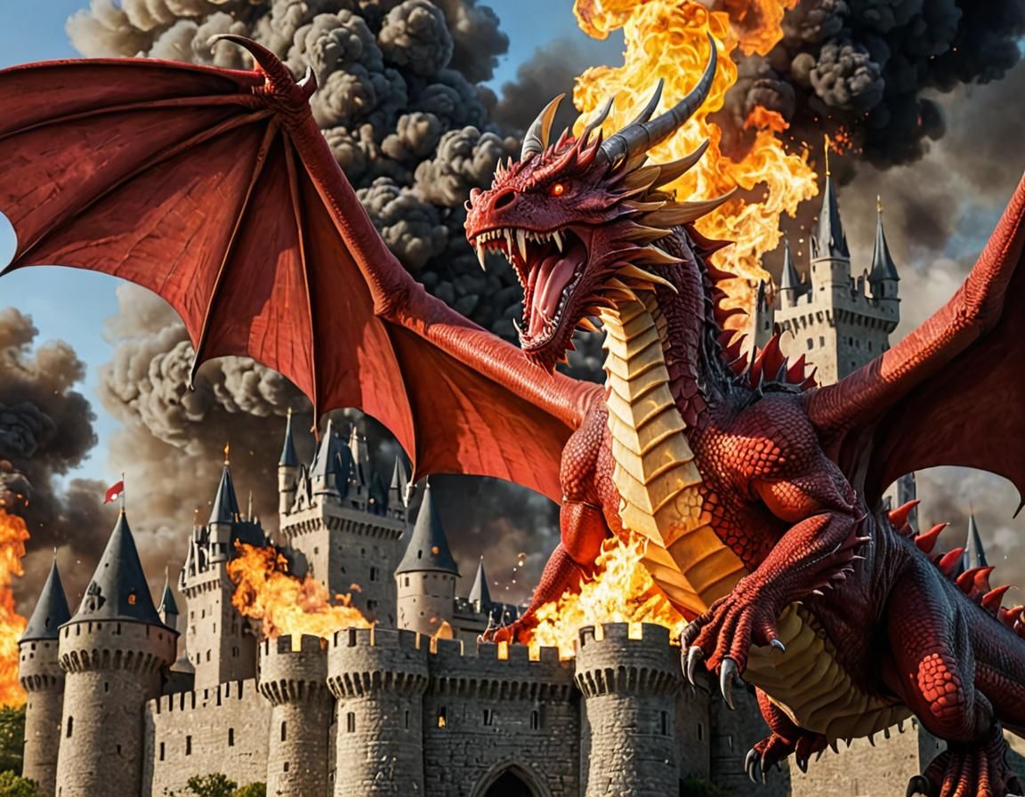 Flying Red Dragon Sets Castle Ablaze