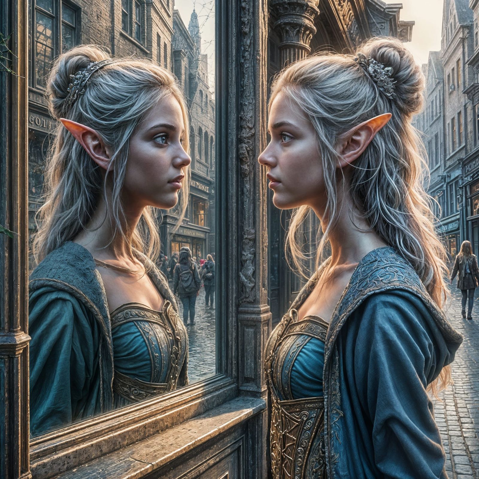 An elf looks in a mirrored storefront window