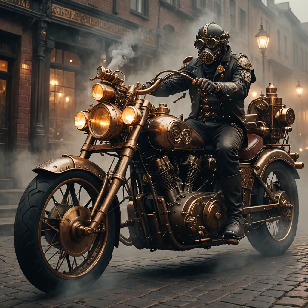 Steampunk Motorcycle on Foggy Street