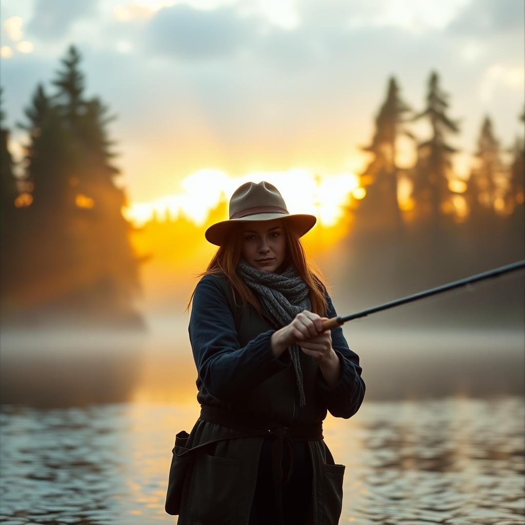 Cinematic Dawn: Woman Fishing in Misty Lake