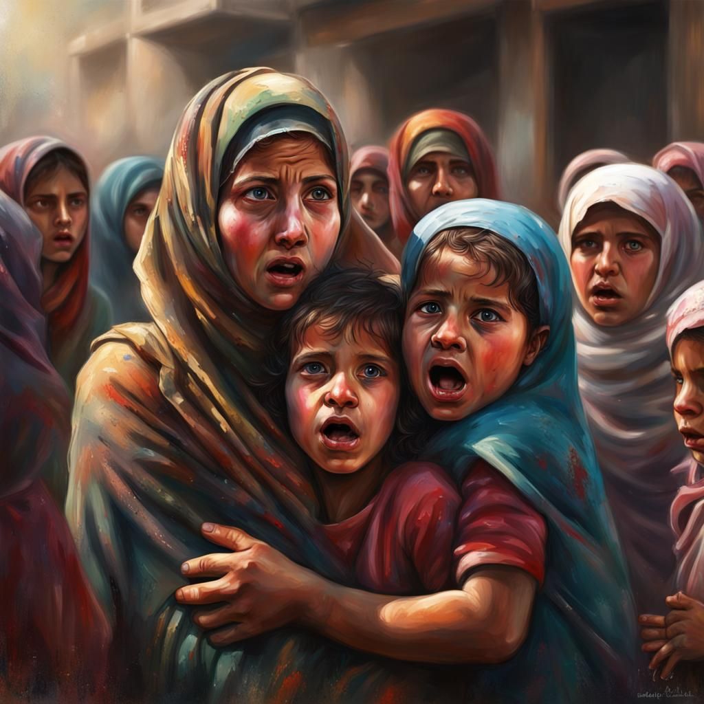 Horrified Mothers and Children in Gaza: Hyperrealistic Art