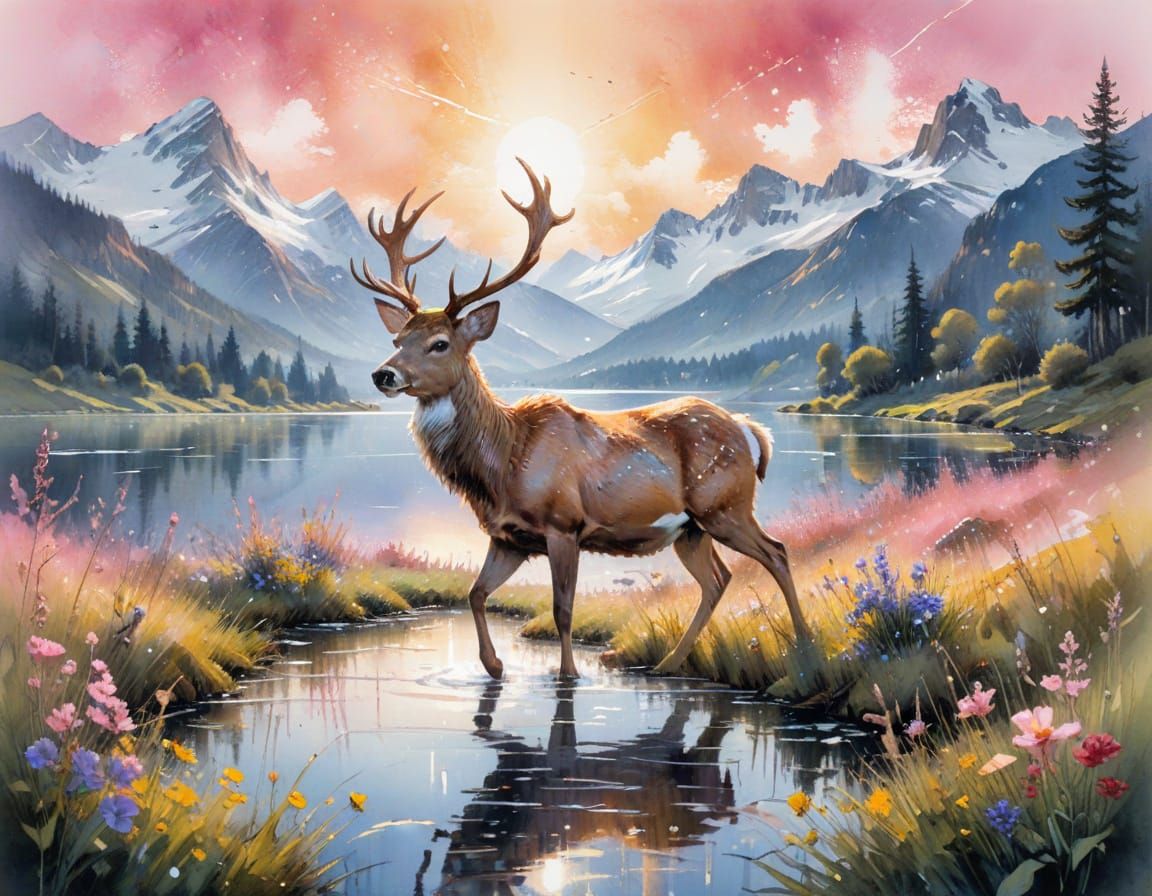 Alpine Sunrise Vista in Neo-Impressionist Watercolor