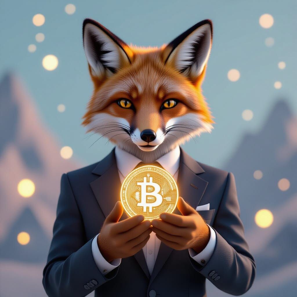 Fox in Fashion Suit Holds Glowing Bitcoin Jewel
