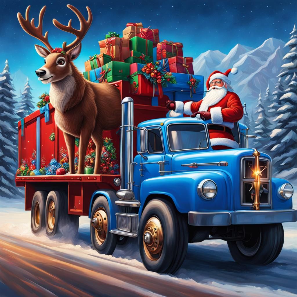 Santa and Rudolph with Blue Rolloff Truck
