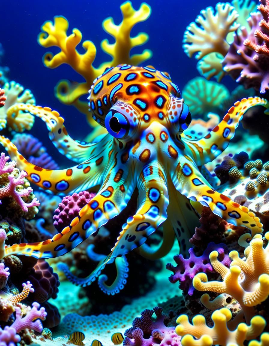 Hyperrealistic Blue-Ringed Octopus and Coral Reef