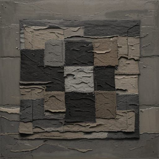 Worn Patchwork Quilt in Brutalist Concrete Setting