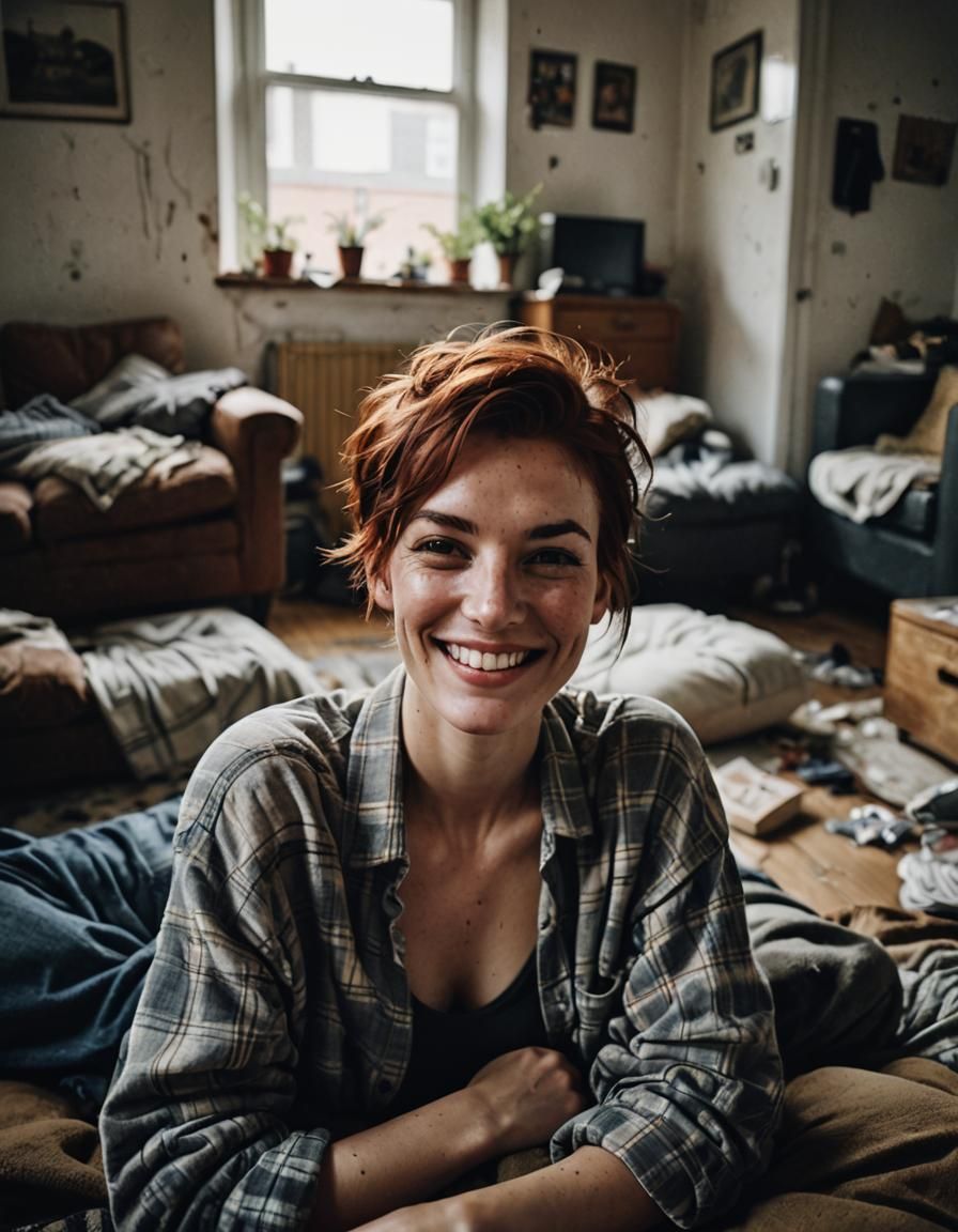 Smiling Auburn-Haired Woman Lounging in Apartment Portrait