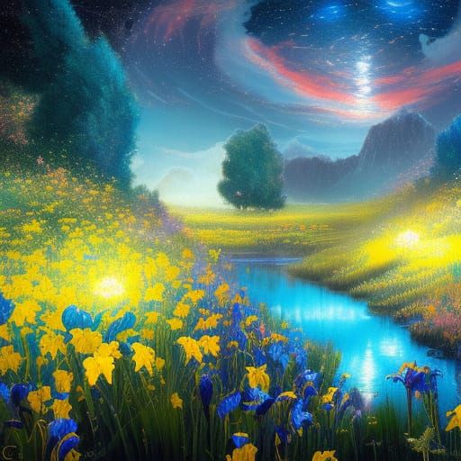 Enchanted Flower Meadow Under Starry Night Sky
