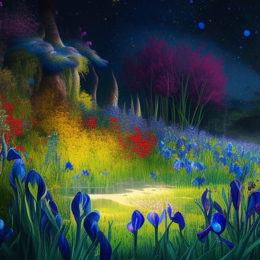 Enchanted Flower Meadow Under Starry Night