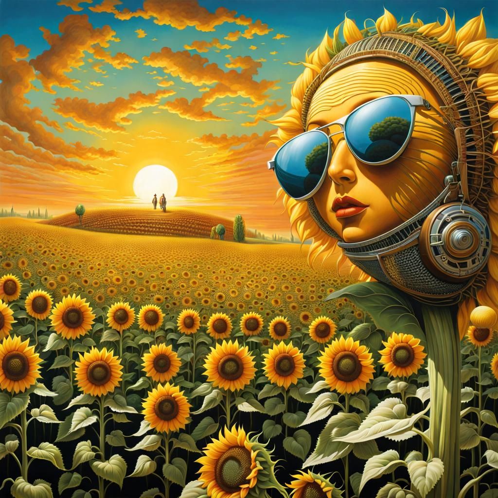 Anthropomorphic Sunflowers Dancing in Surrealist Style