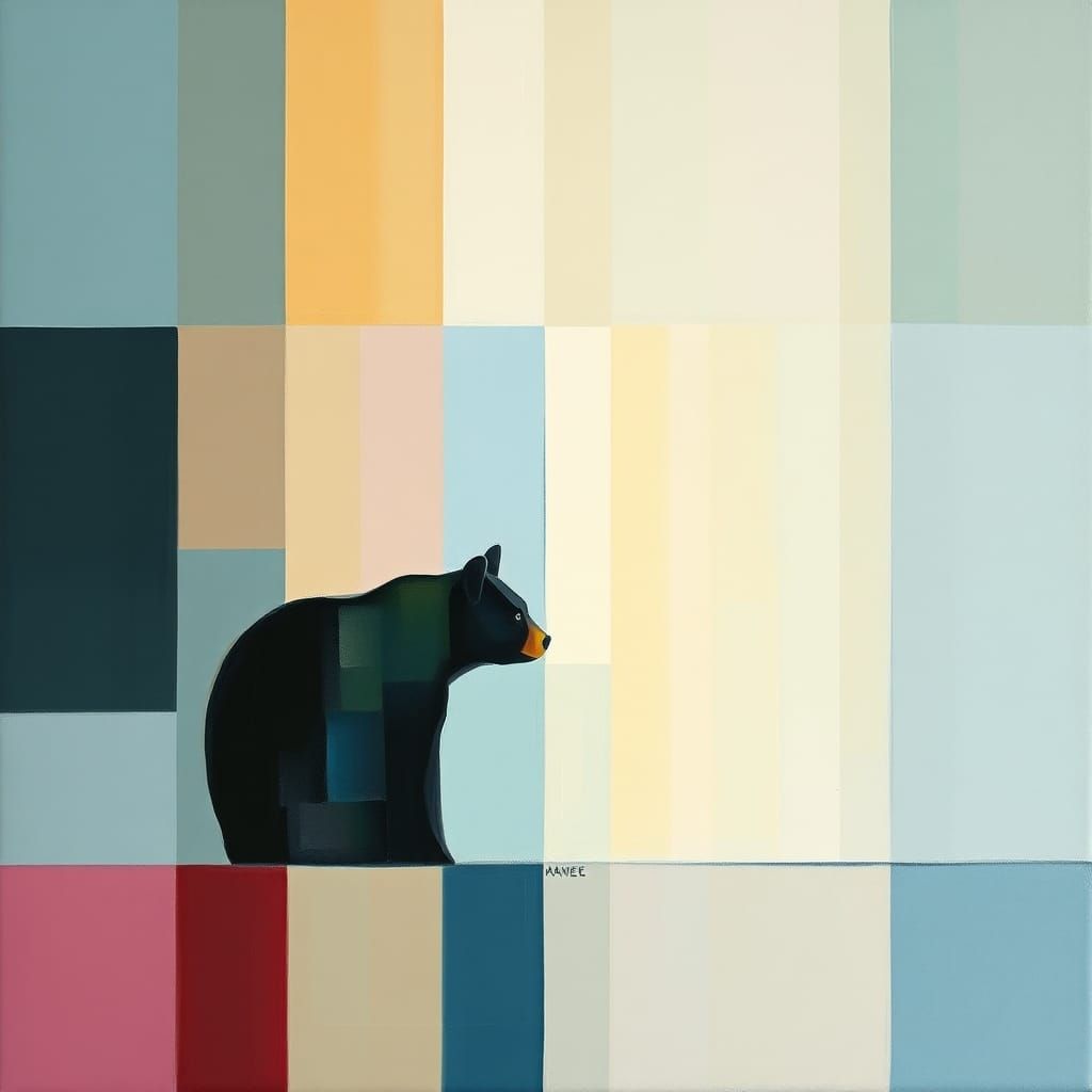 Abstract Bear in Misty Mondrian-Inspired Oil Painting