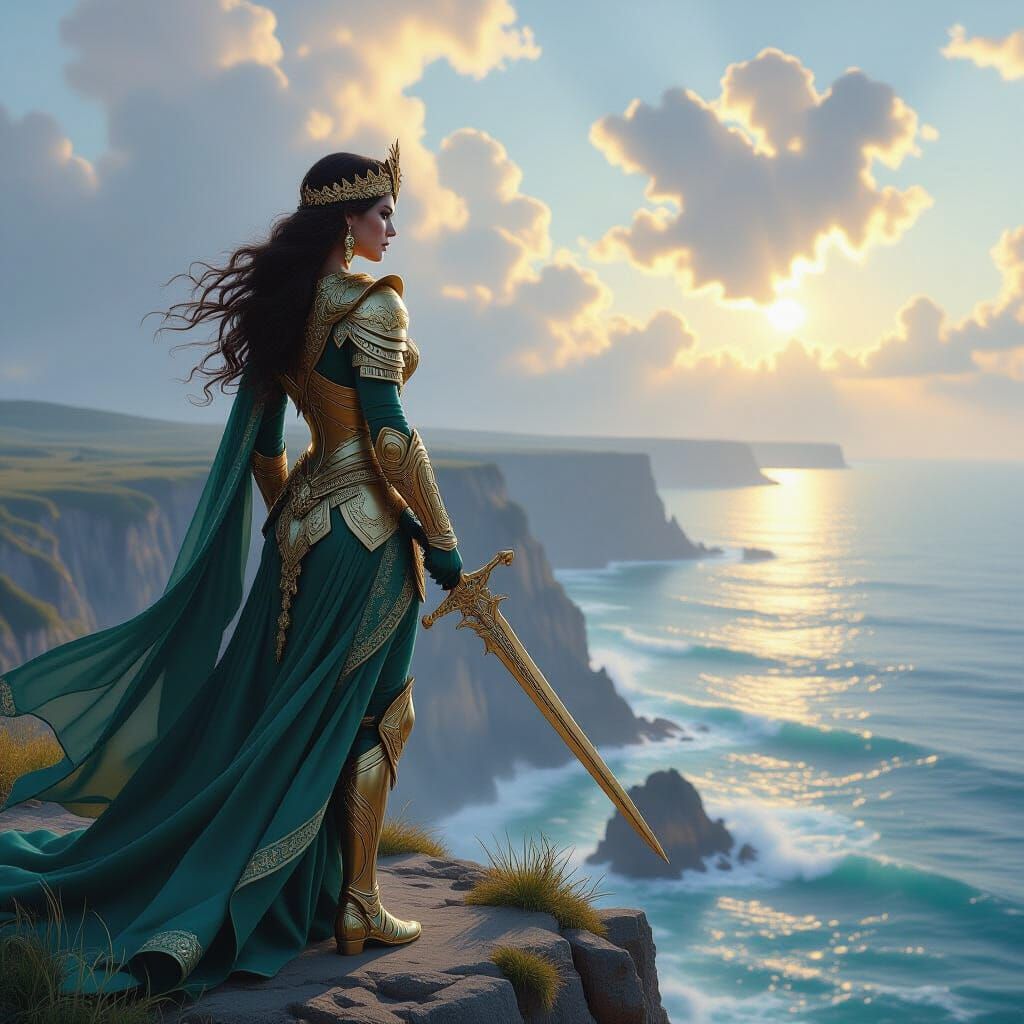 Warrior Queen on Cliff Overlooking Ocean in Art Deco Fantasy...