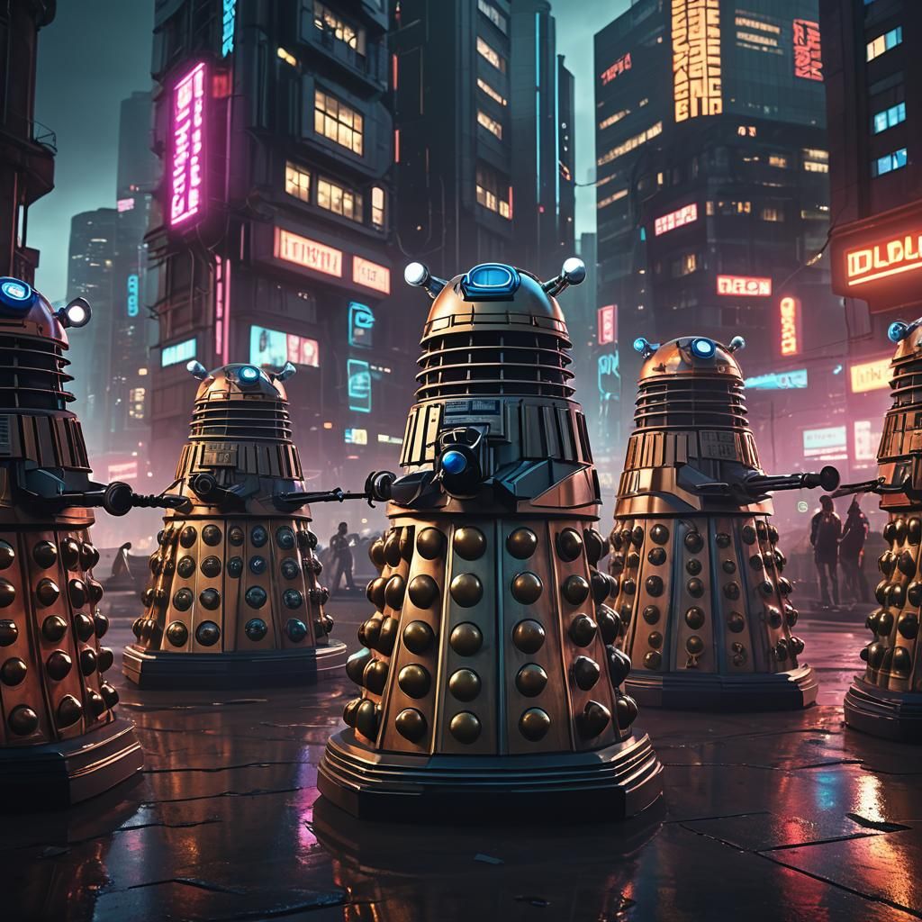 Daleks on Futuristic Cityscape: Sci-Fi Illustration