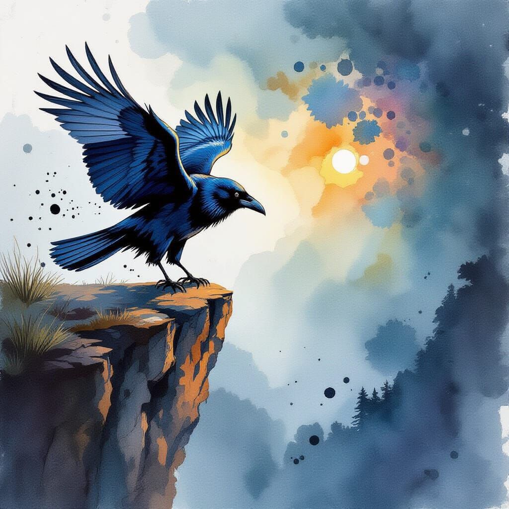 Nervous Raven on Cliff in Watercolor Style