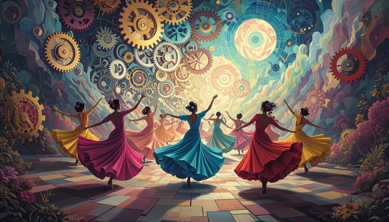 Surreal Dancers Amidst Kaleidoscopic Gears in Dreamlike Land...