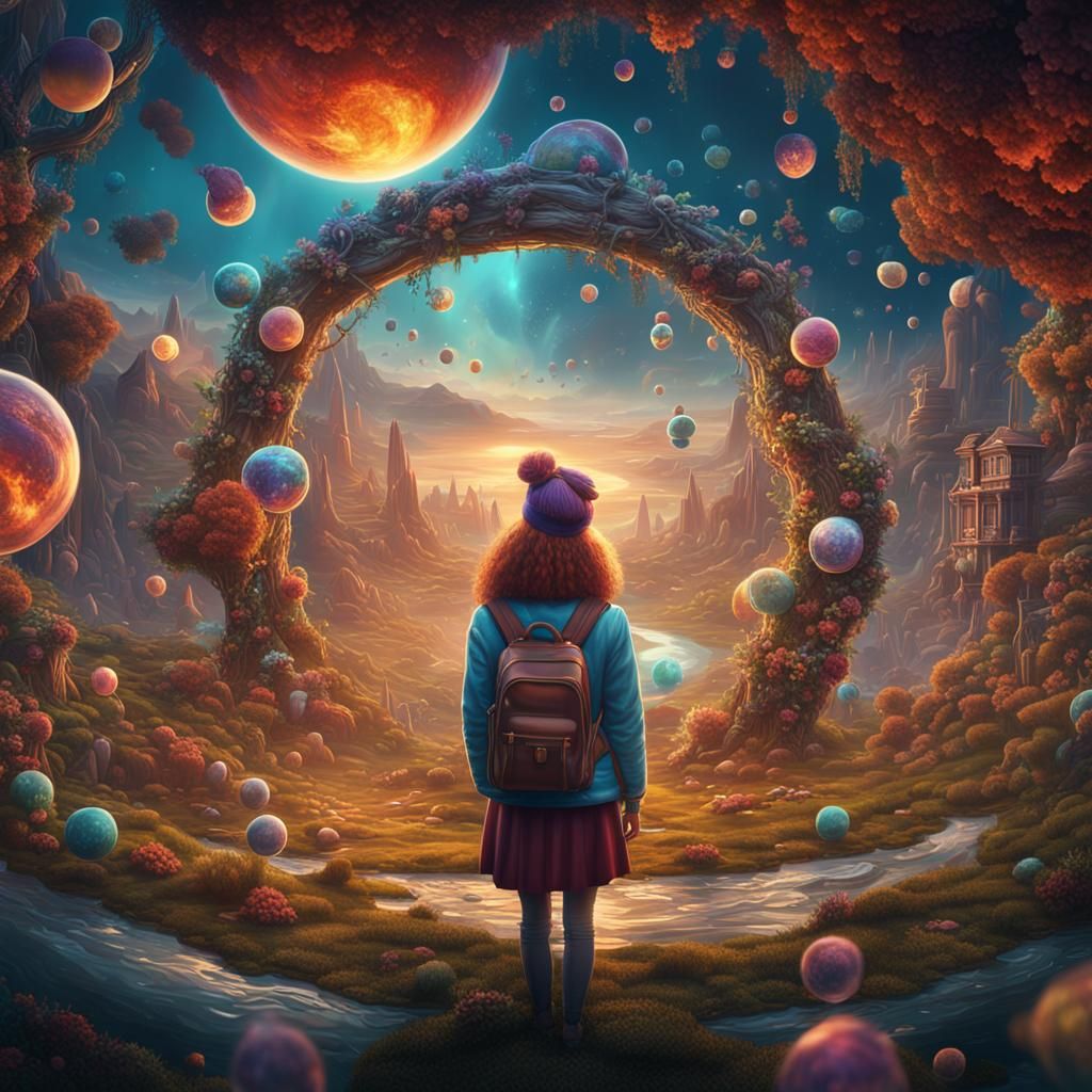 Whimsical Woman's Upside-Down World in Detailed Matte Painti...