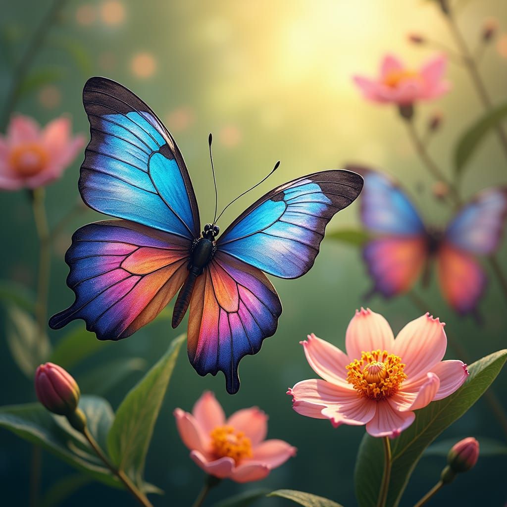 Iridescent Butterflies Dance in a Lush Garden