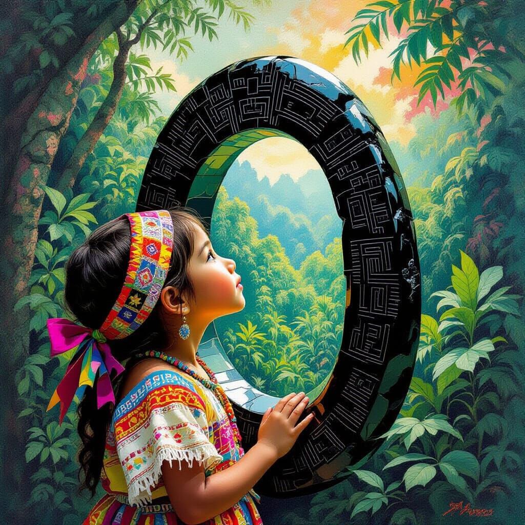 Mayan Child Gazing at Sun Through Obsidian Stone