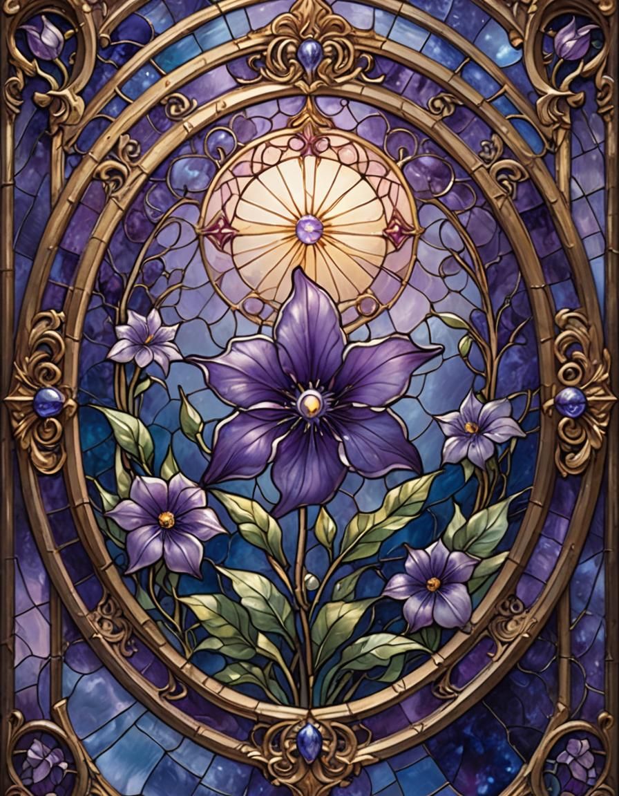 Stained Glass Balloon Flower in Ornate Frame
