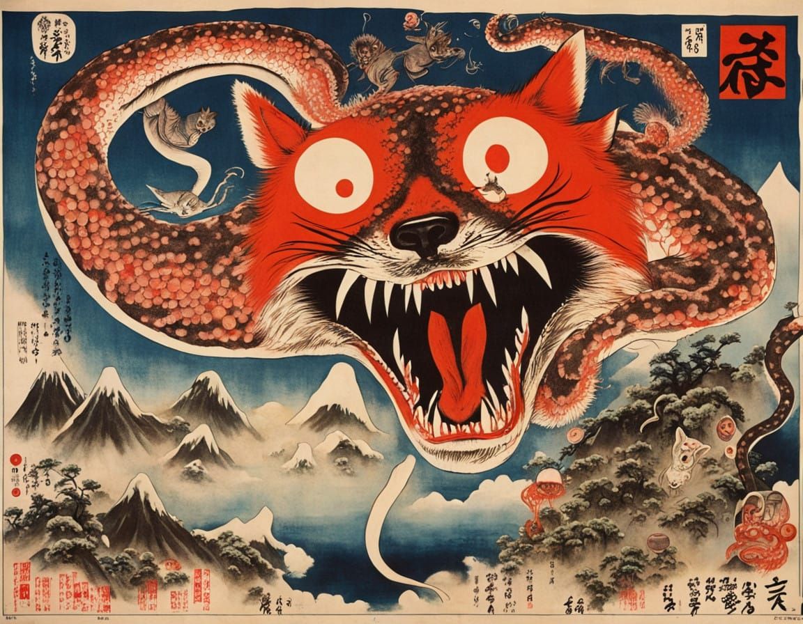 Grotesque Hokusai Hybrid Adorned 1960s Japanese Movie Poster