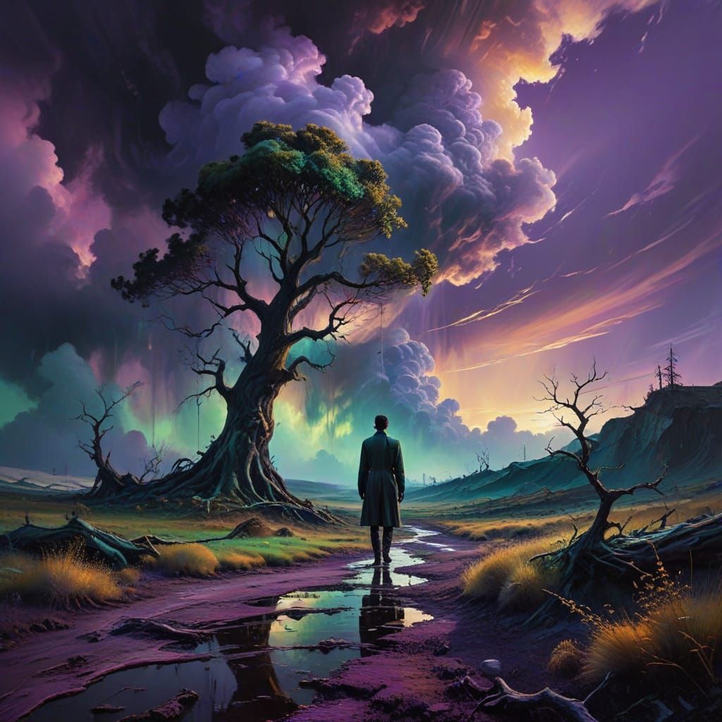 Ethereal Figure Emerges in a Dreamlike Landscape, in Vibrant...