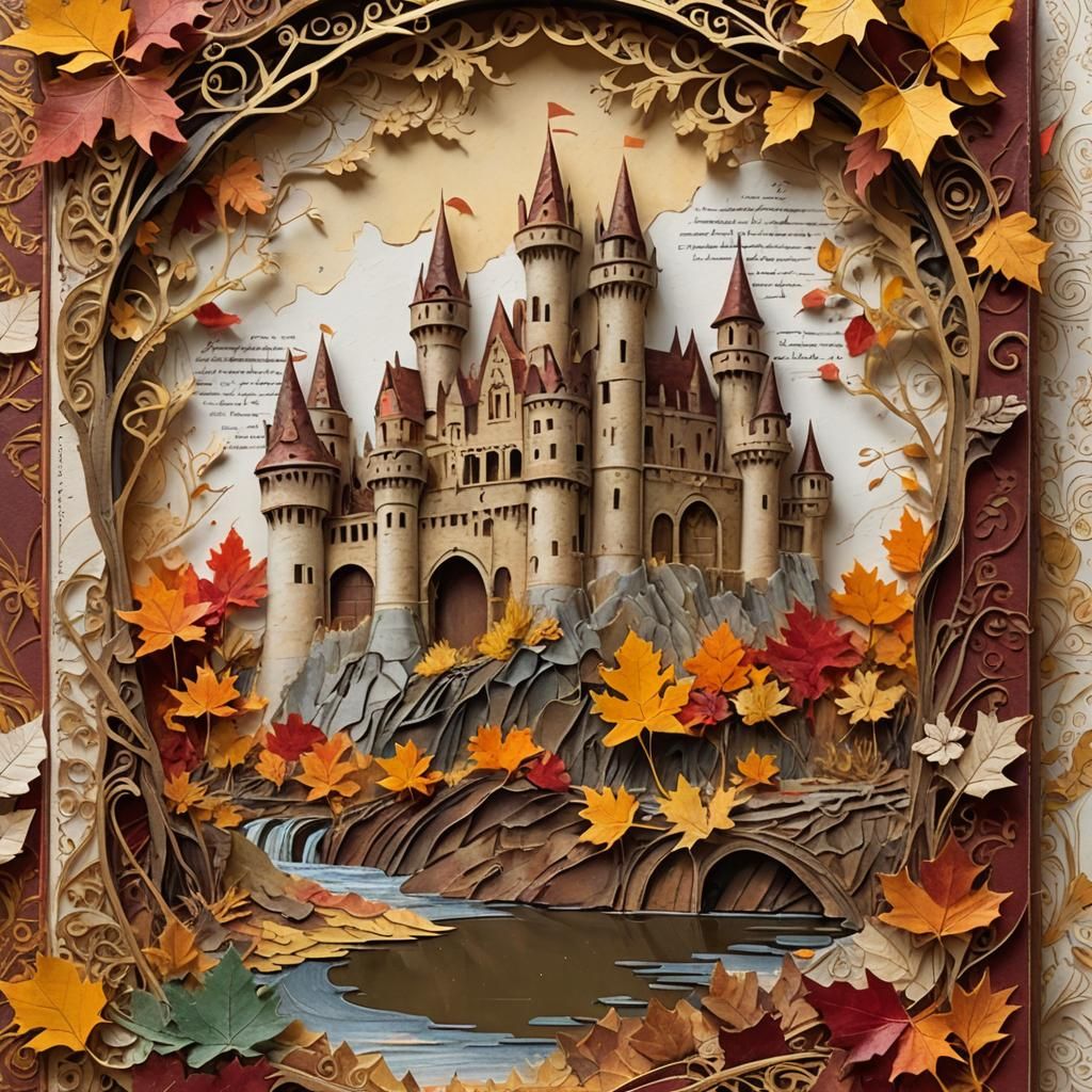 Autumn Leaf Castle Book, Mixed Media Art