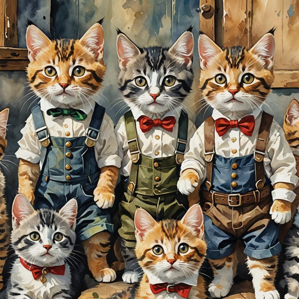 Kittens in Lederhosen: Gouache-Style Impressionist Painting